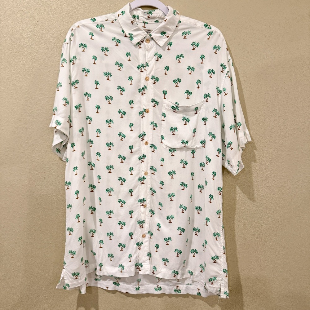 Kenny Flowers Mens XL White Palm Tree Print Short Sleeve Button Down Shirt Aloha
